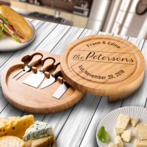 Personalized Custom Round Cheese Board with Tools, Large Circle Charcuterie Platter, Engraved, Wooden Serving Tray with Monogram