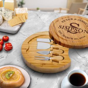 Large Round Charcuterie Board, Wooden Cheeseboard and Knife Set – Personalized Board for Wedding, Christmas, Couples & Engagement