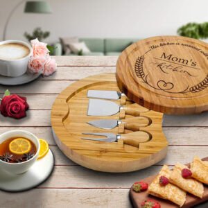 Charcuterie Board, Round Bamboo Tray, Wooden Cheeseboard and Knife Set, Large Cheese Board, Kitchen Gift for Grandma, Gift for Mom