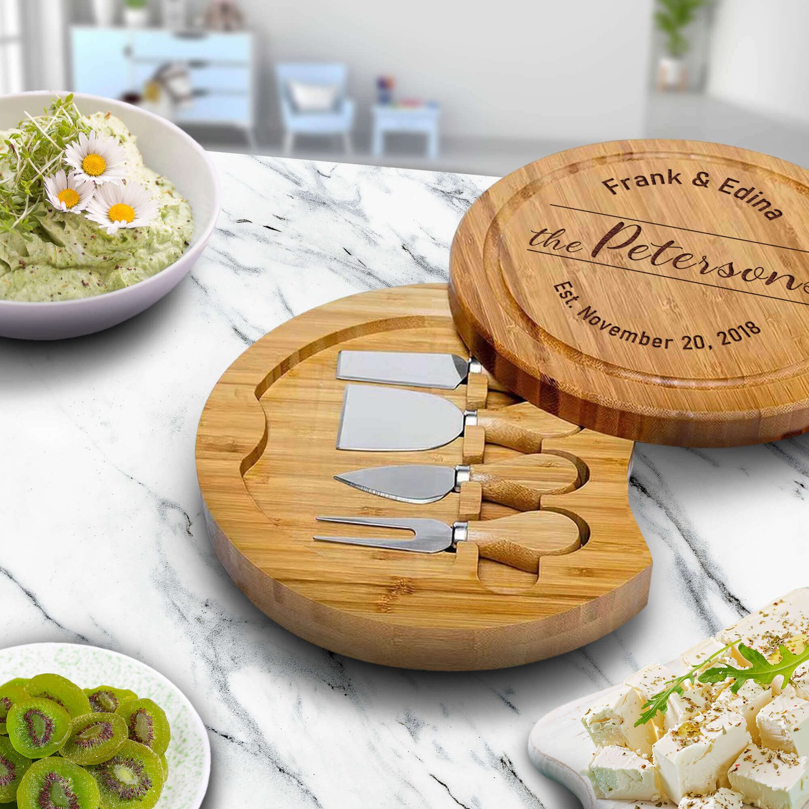 Engraved serving tray, artisan cheese, and stylish charcuterie board platter with knife set - perfect housewarming gift ideas!