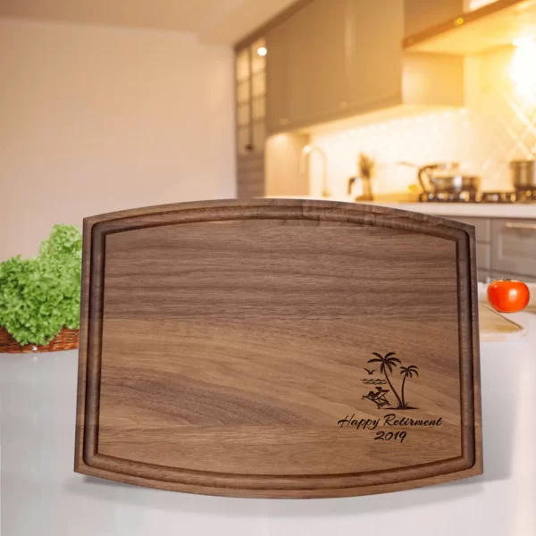 Personalized cutting board for retirement gift - Women: Engraved wooden board with custom design, perfect for honoring a female retiree's culinary passion.