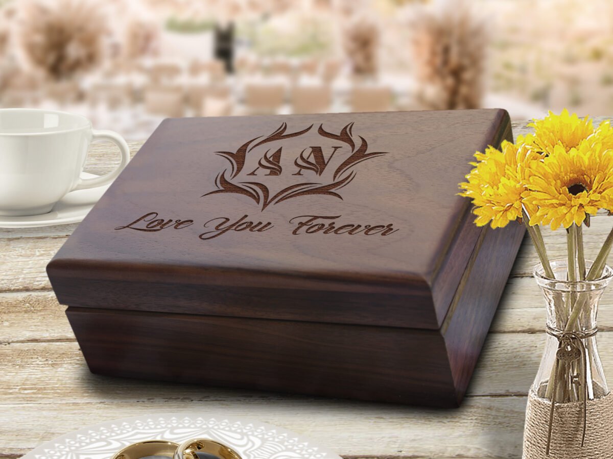 Personalised Wooden Wedding Memento Box Laser Engraved Leaves Wreath Memory Box 