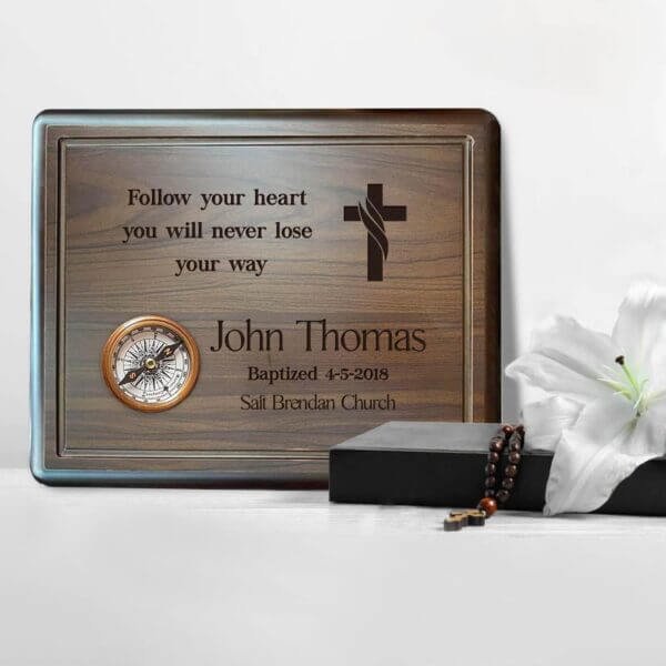 Celebrate special day with a personalized Baptism Confirmation Gift on a wooden board.