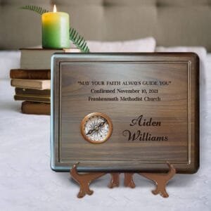 Engraved First Communion Keepsake Gift with Compass, Baptism Confirmation Gift for Boys, Compass on Wooden Board with Bible Verse