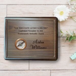 Engraved First Communion Keepsake Gift with Compass, Baptism Confirmation Gift for Boys, Compass on Wooden Board with Bible Verse
