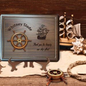 Ship Wheel on Walnut Plaque, Carved Sailing Ship Plaque, Gift for Dad or Husband, Retirement Gift for Men, Custom Quote Engraved In Plaque