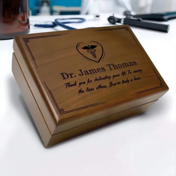 Unique Graduation Gifts for Doctors: Wood Crate Box and Personalized Engraved Wooden Keepsakes - Aspera Design