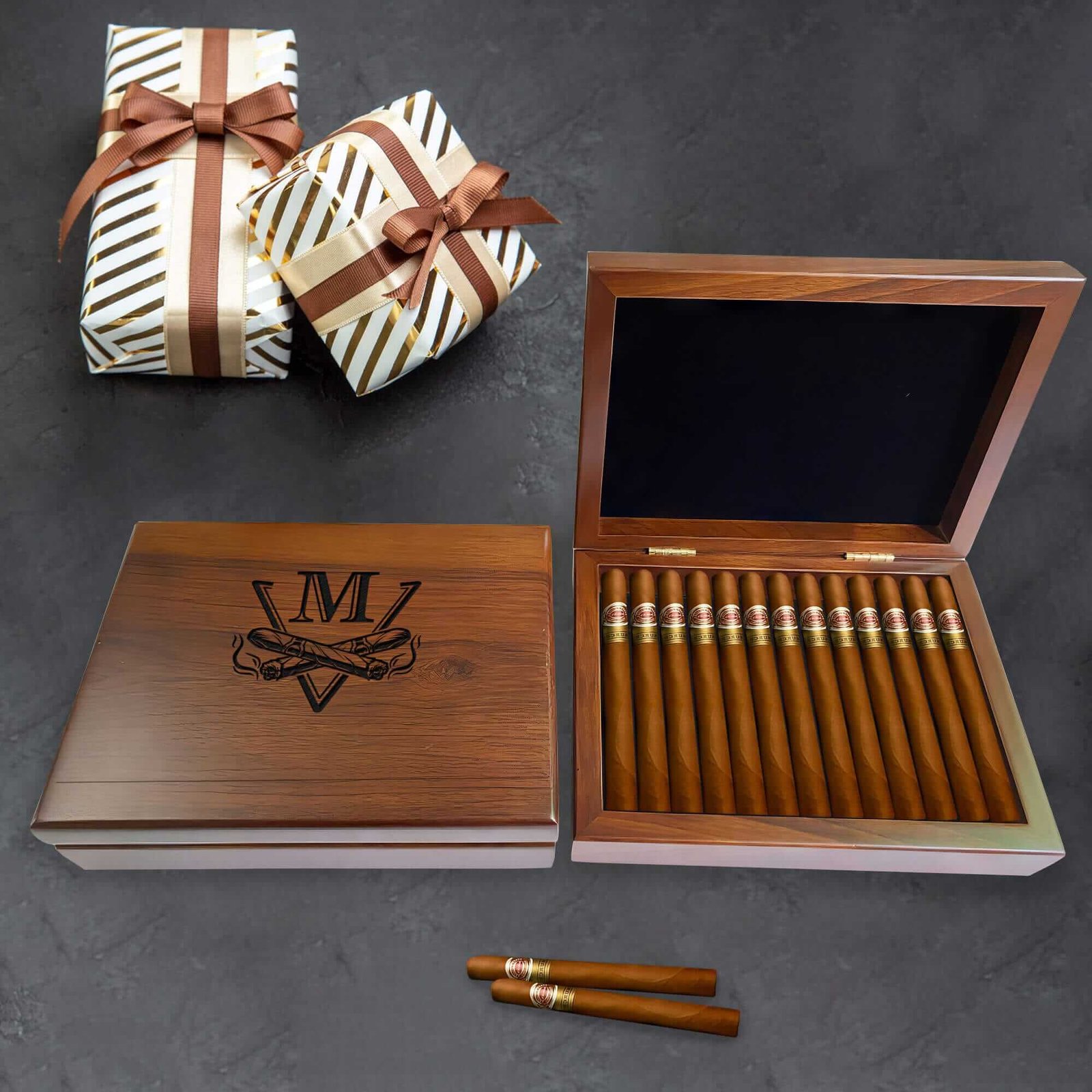 A finely crafted walnut cigar gift box, beautifully engraved, highlighting its luxurious wooden texture.