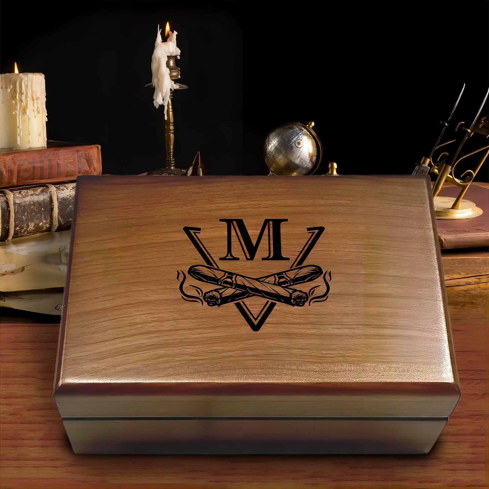 Personalized cigar box with engraved initials.