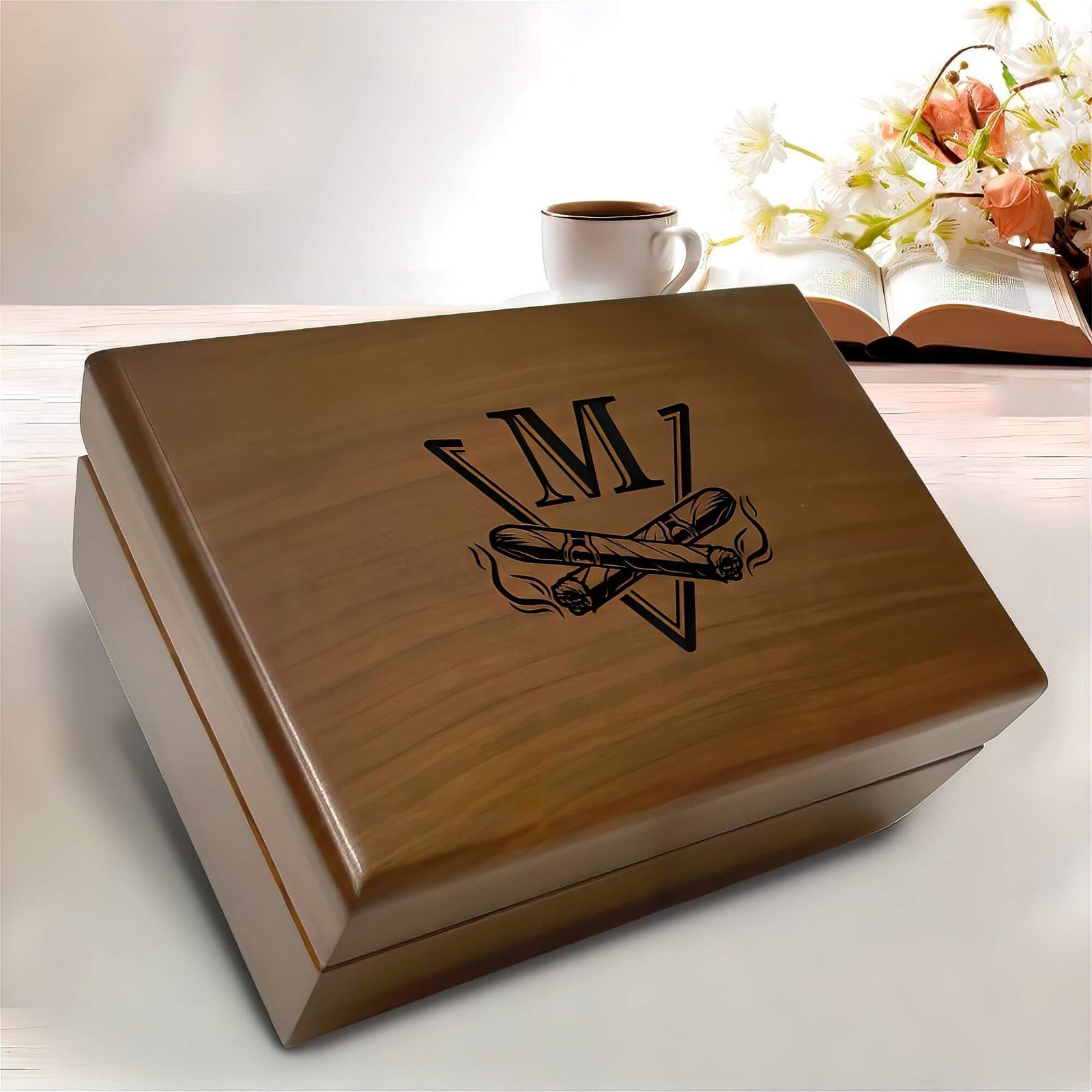 personalized cigar box featuring beautifully engraved initials on its wooden surface