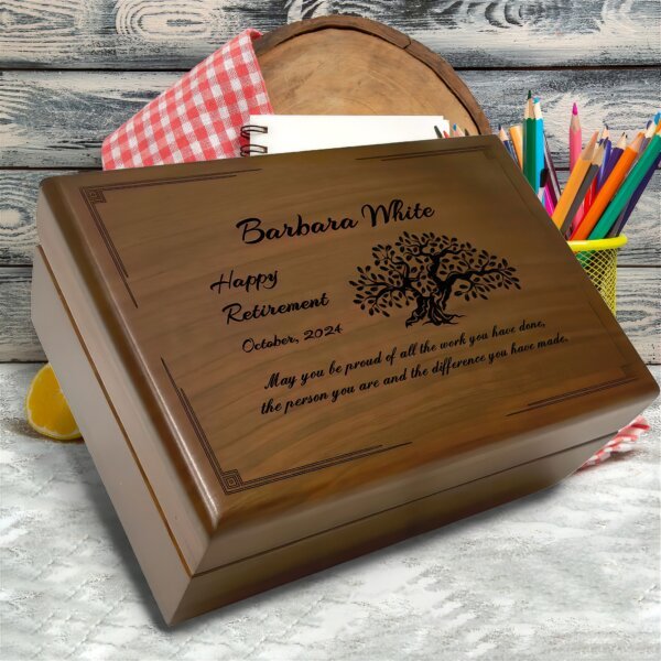 Elegant retirement memory box with personalized engraving, designed to hold treasured keepsakes and memories.