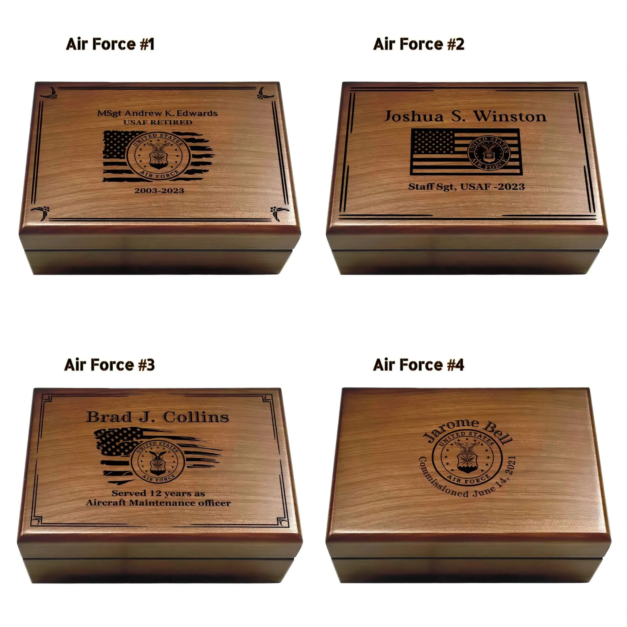 Engraved military keepsake box featuring the US Air Force emblem, ideal for preserving cherished memories and honors.