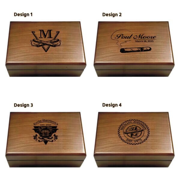 Engraved walnut cigar gift box with a polished wooden finish, showcasing intricate designs on the lid.