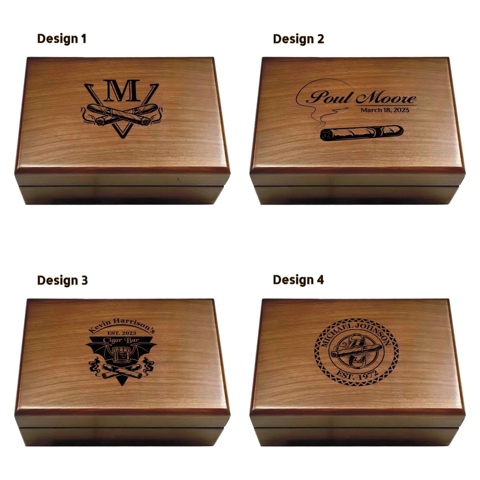 Engraved walnut cigar gift box with a polished wooden finish, showcasing intricate designs on the lid.