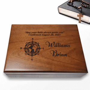 Engraved Confirmation Wooden Box, Compasses with Scripture for First Communion Keepsake Box, Baptism Gift for Boys, Bible Verse Gift