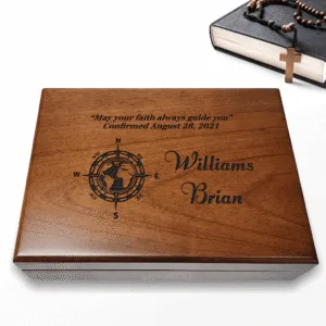 Engraved Confirmation Wooden Box, Compasses with Scripture for First Communion Keepsake Box, Baptism Gift for Boys, Bible Verse Gift