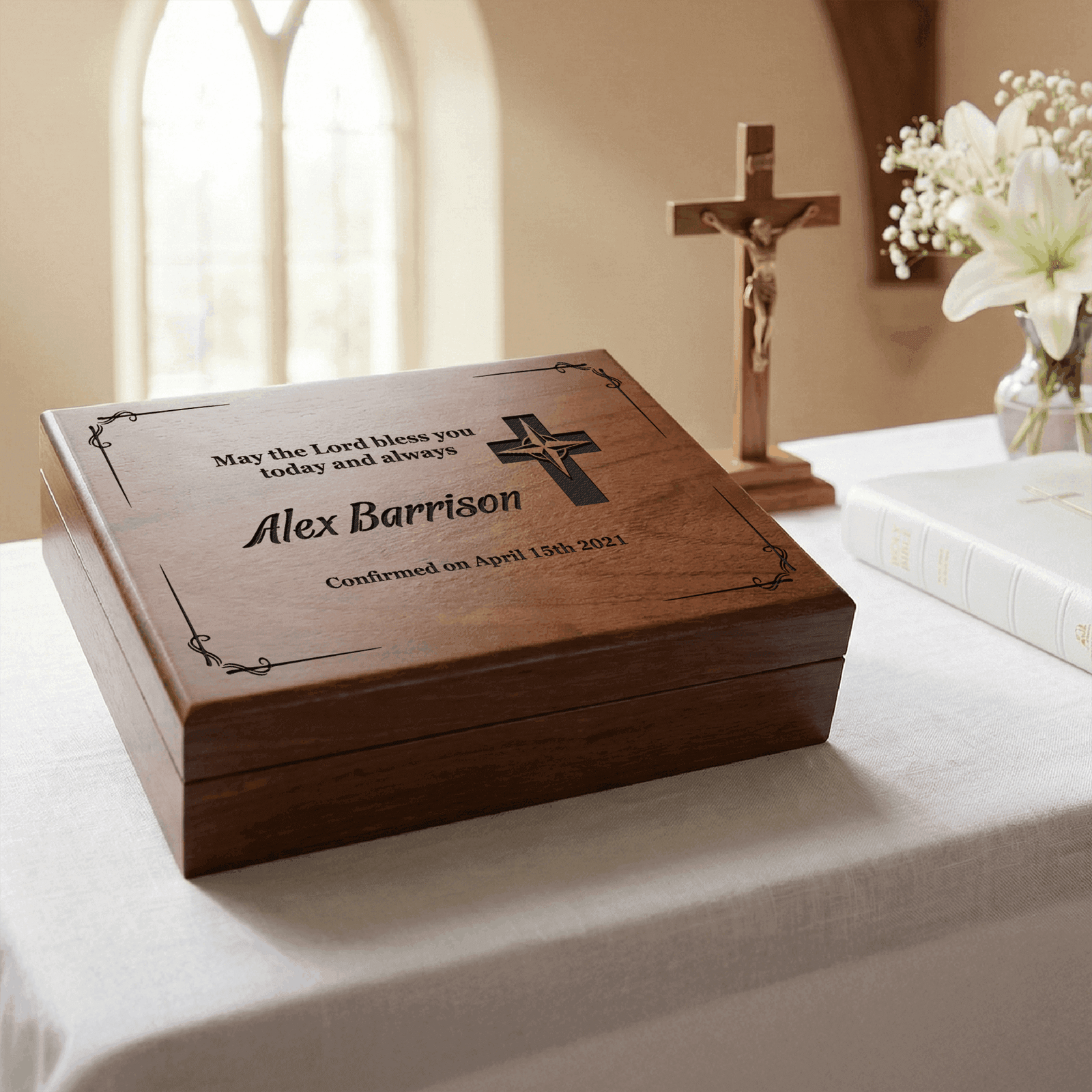 Custom engraved christening gift for grandson, featuring a heartfelt message and elegant design.