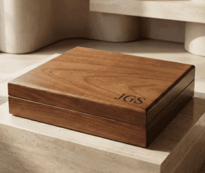 Personalized walnut memory box with intricate engravings, designed to store cherished keepsakes and memories.