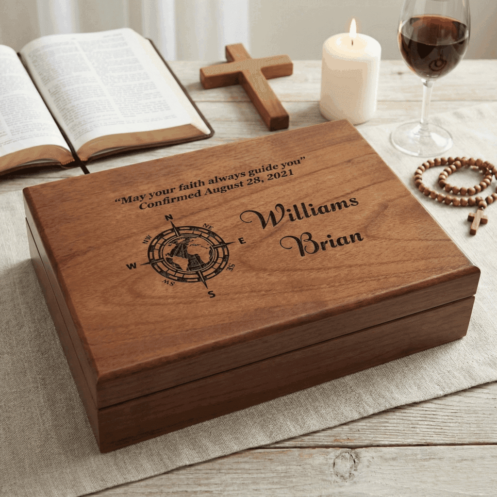 Personalized baptism memory box for boy, engraved wooden keepsake