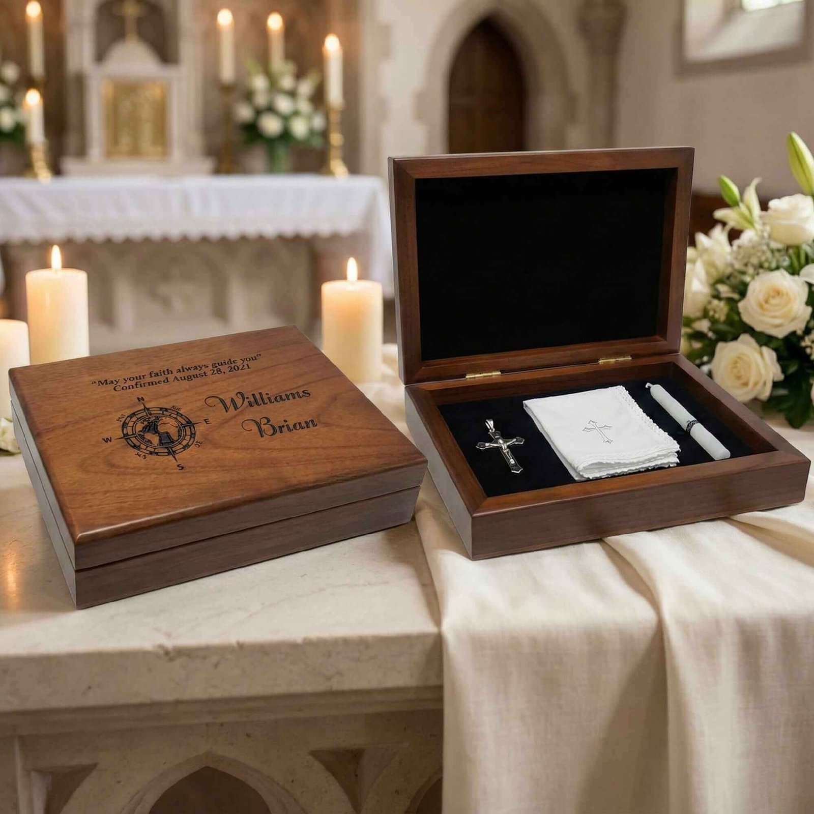Engraved wooden box for baptism and confirmation ceremonies.