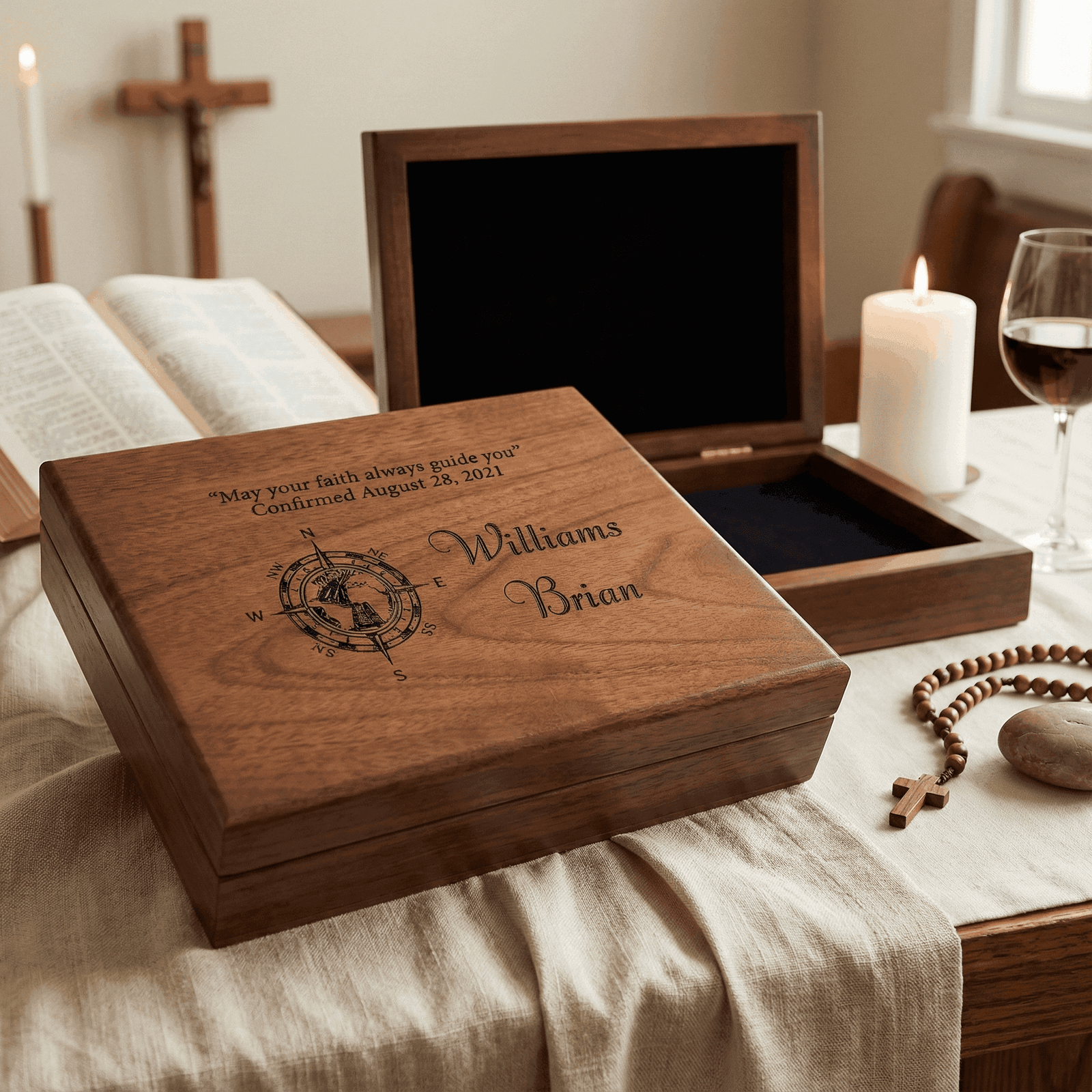 Elegant baptism keepsake box with personalized engraving, perfect for preserving mementos from the baptism ceremony.