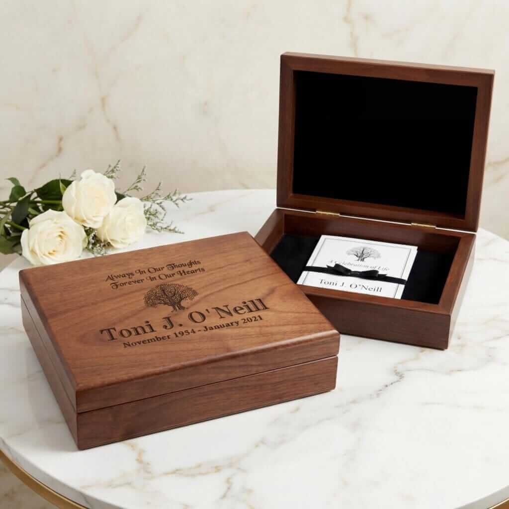 Personalized memorial keepsake box in solid walnut wood for loss of loved one
