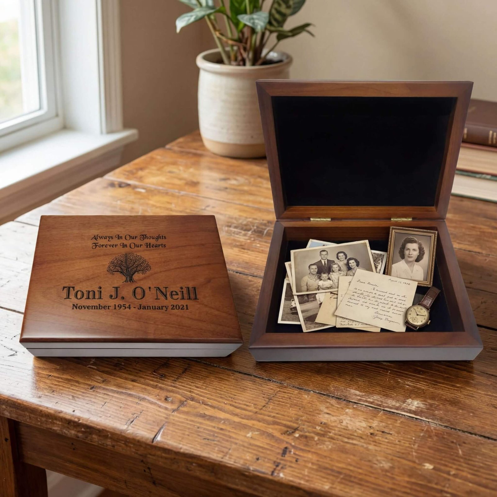 Wooden memorial boxes with engraved designs, perfect for thoughtful remembrance gifts.