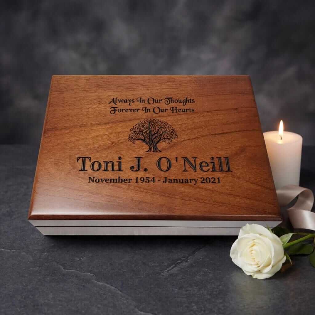 Solid walnut wooden memorial box with Tree of Life engraving
