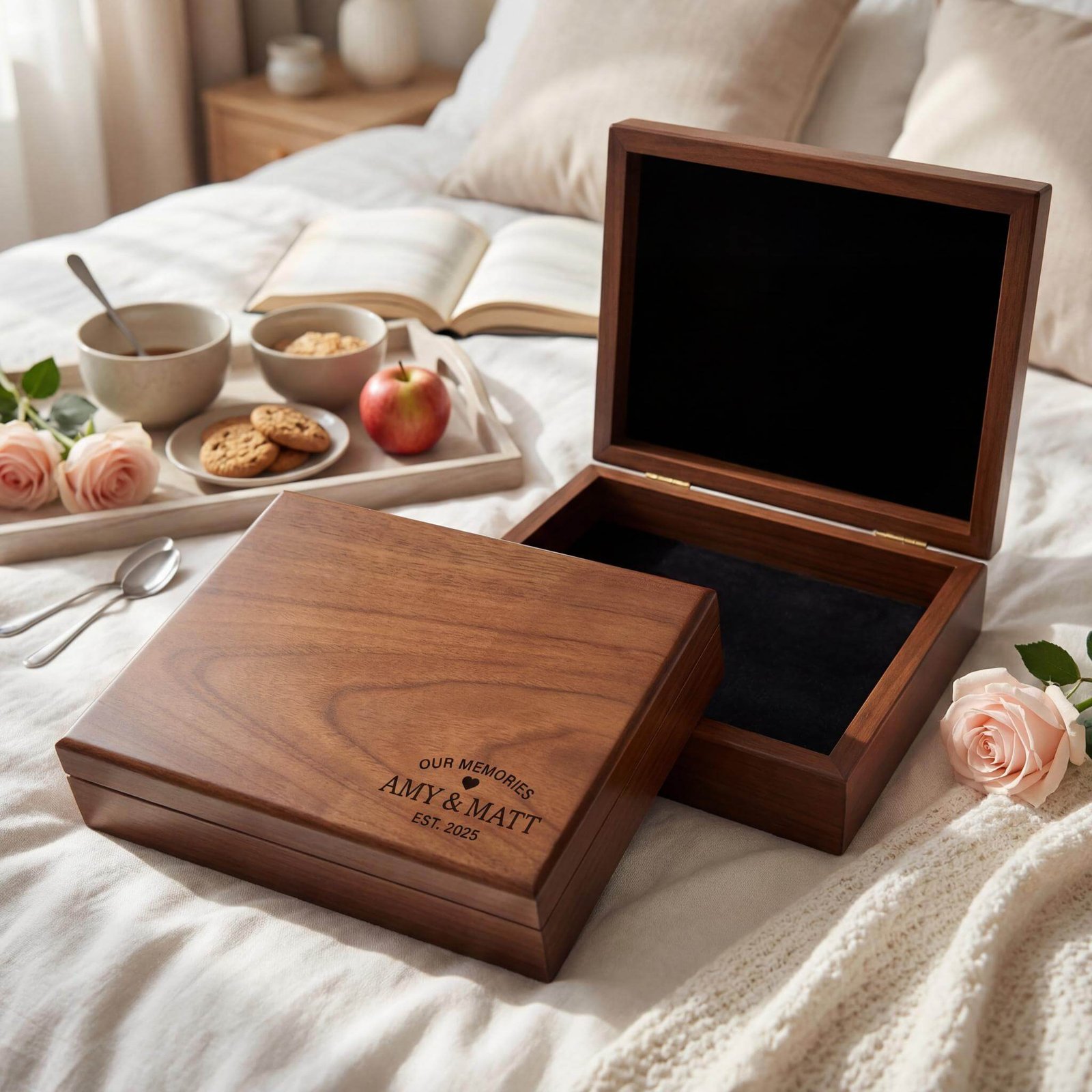 Personalized wedding memory box: beautifully engraved, ideal for preserving memories and keepsakes from the wedding celebration.