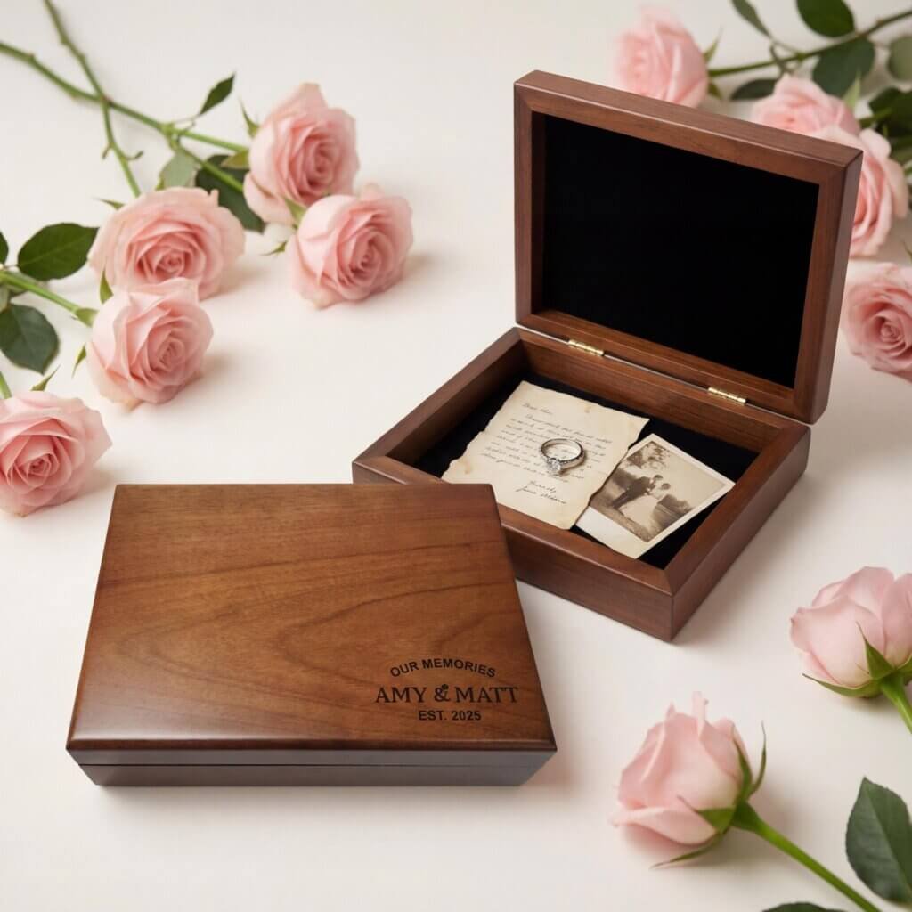 Personalized wedding gift box, wooden keepsake for bride and groom
