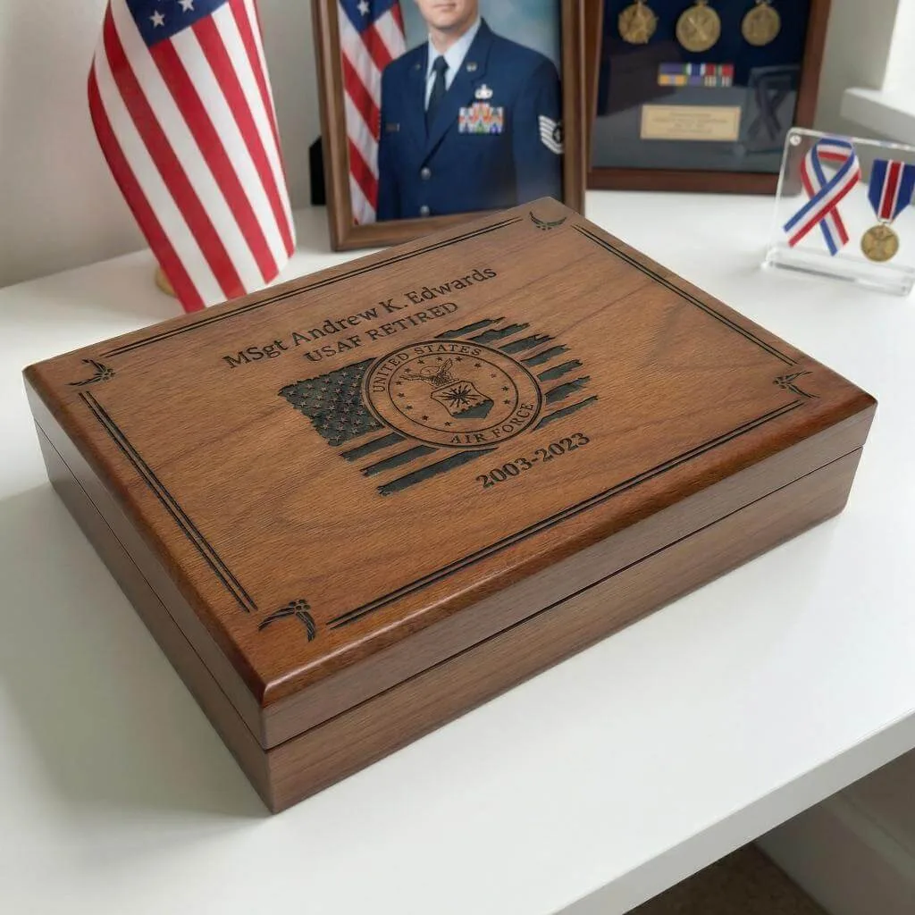 Personalized wooden box with the US Air Force emblem: designed for organizing and storing cherished belongings.