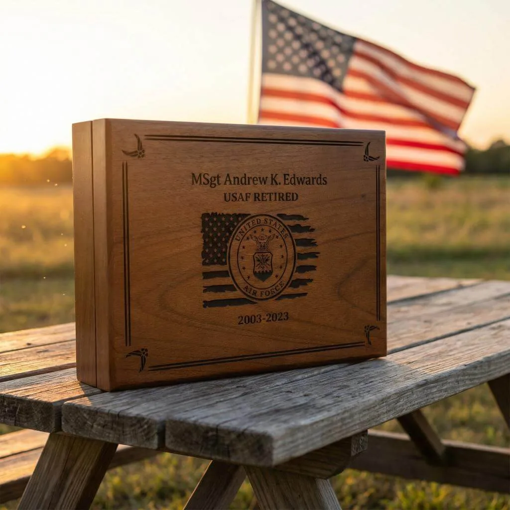 US Air Force commissioning gift: elegantly engraved with an emblem and personalized text on a sleek, polished design.