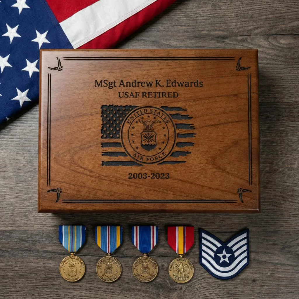 Custom wooden keepsake box featuring the US Air Force logo: ideal for storing personal items and keepsakes.