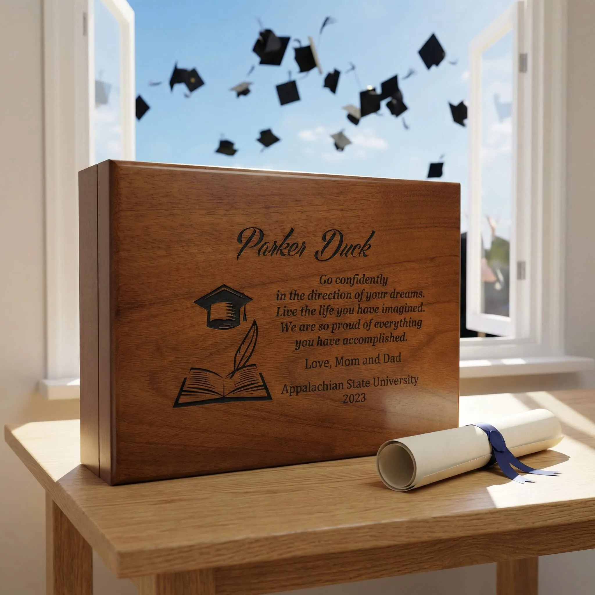 Personalized keepsake box designed as a thoughtful graduation gift, perfect for storing cherished memories and mementos.