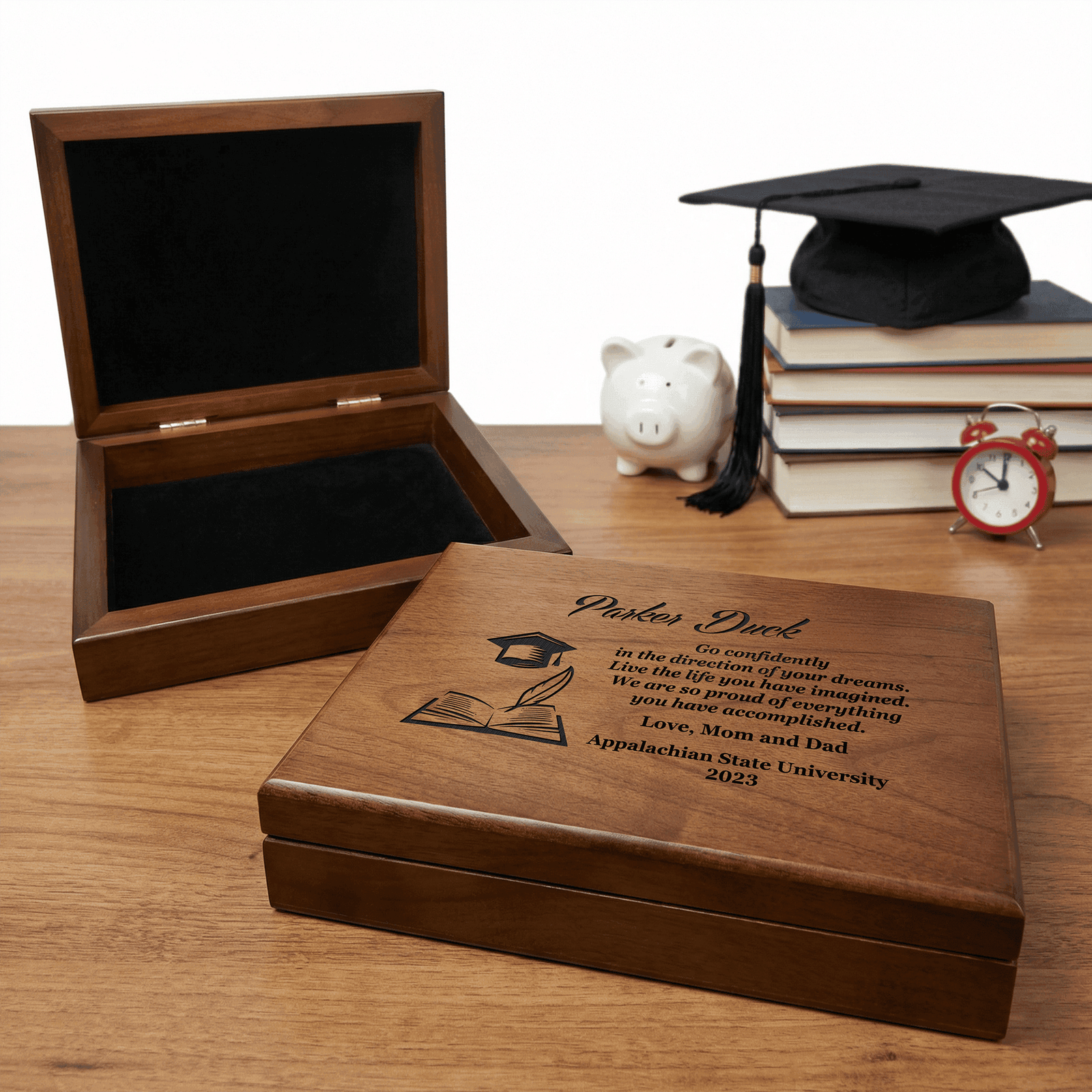 Graduation keepsake box made of wood, featuring a cap and diploma design, ideal for preserving mementos.