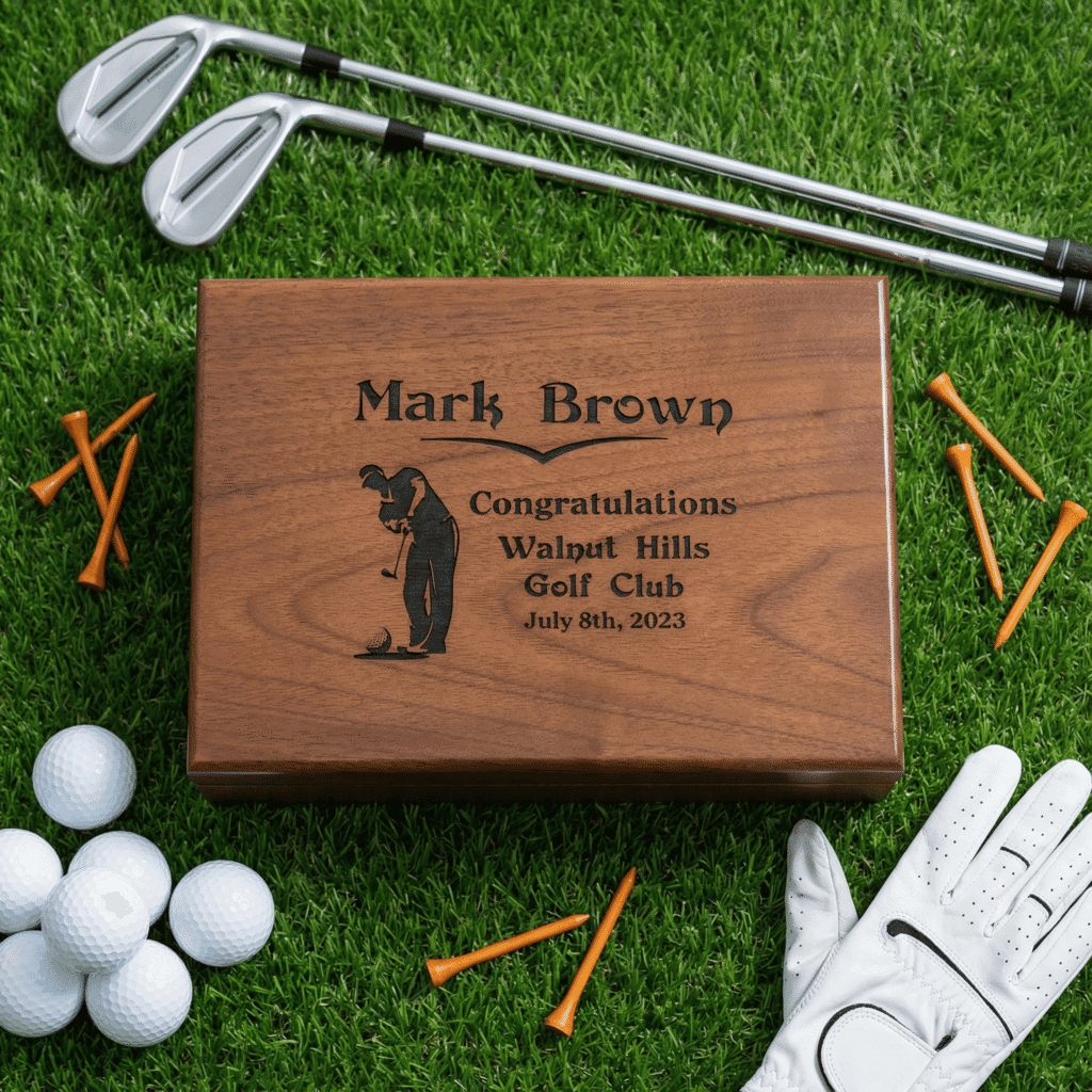 Personalized golf retirement gift box for men with engraved walnut design
