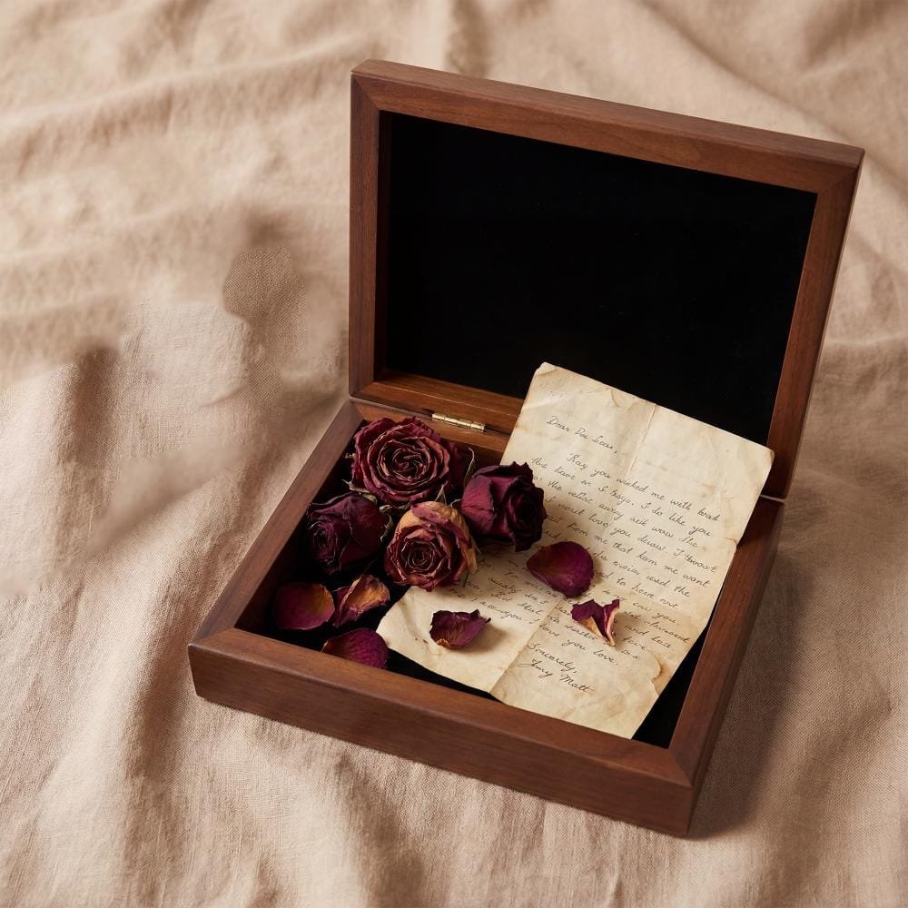 Wooden memorial gift box with engraved text: serving as a keepsake box