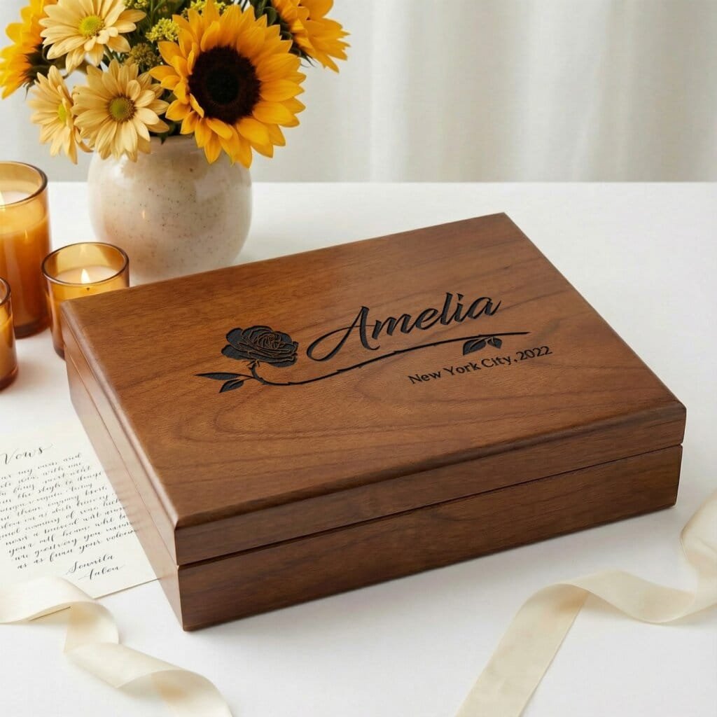 Personalized walnut keepsake box with custom engraved message