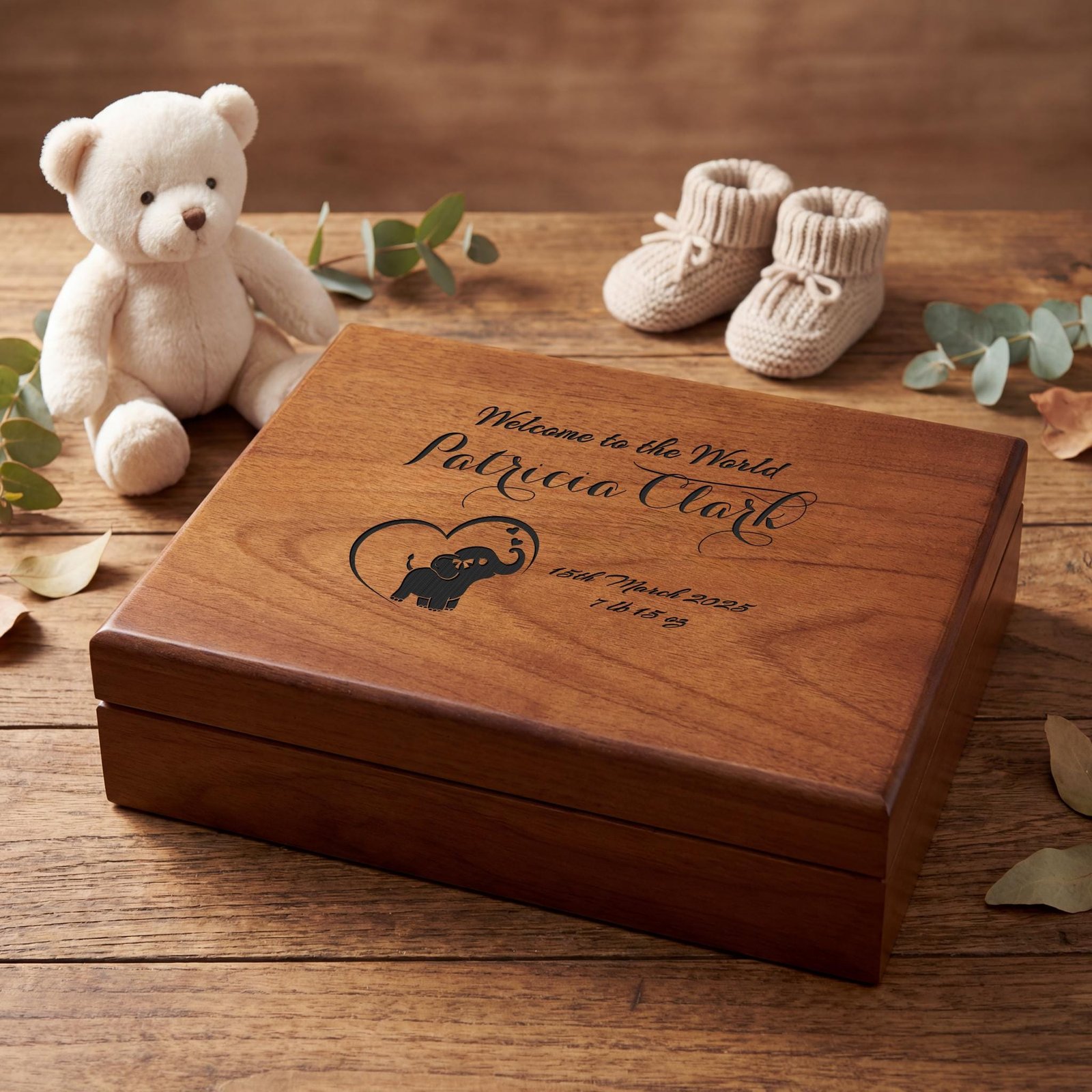 A beautifully crafted keepsake box personalized for a new baby: perfect for storing special memories.