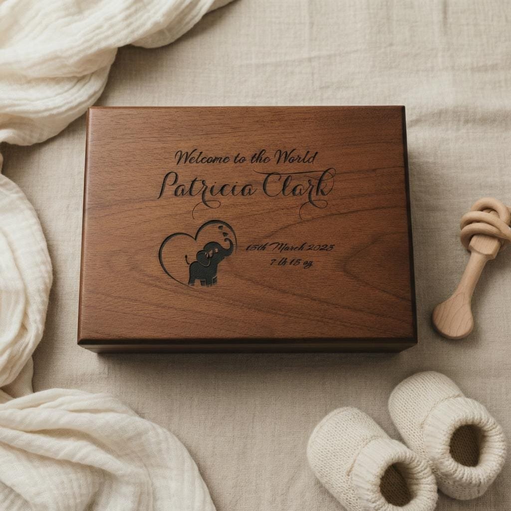 Baby Keepsake Box: A beautiful walnut box to store precious memories of your little one. Perfect for preserving cherished mementos.