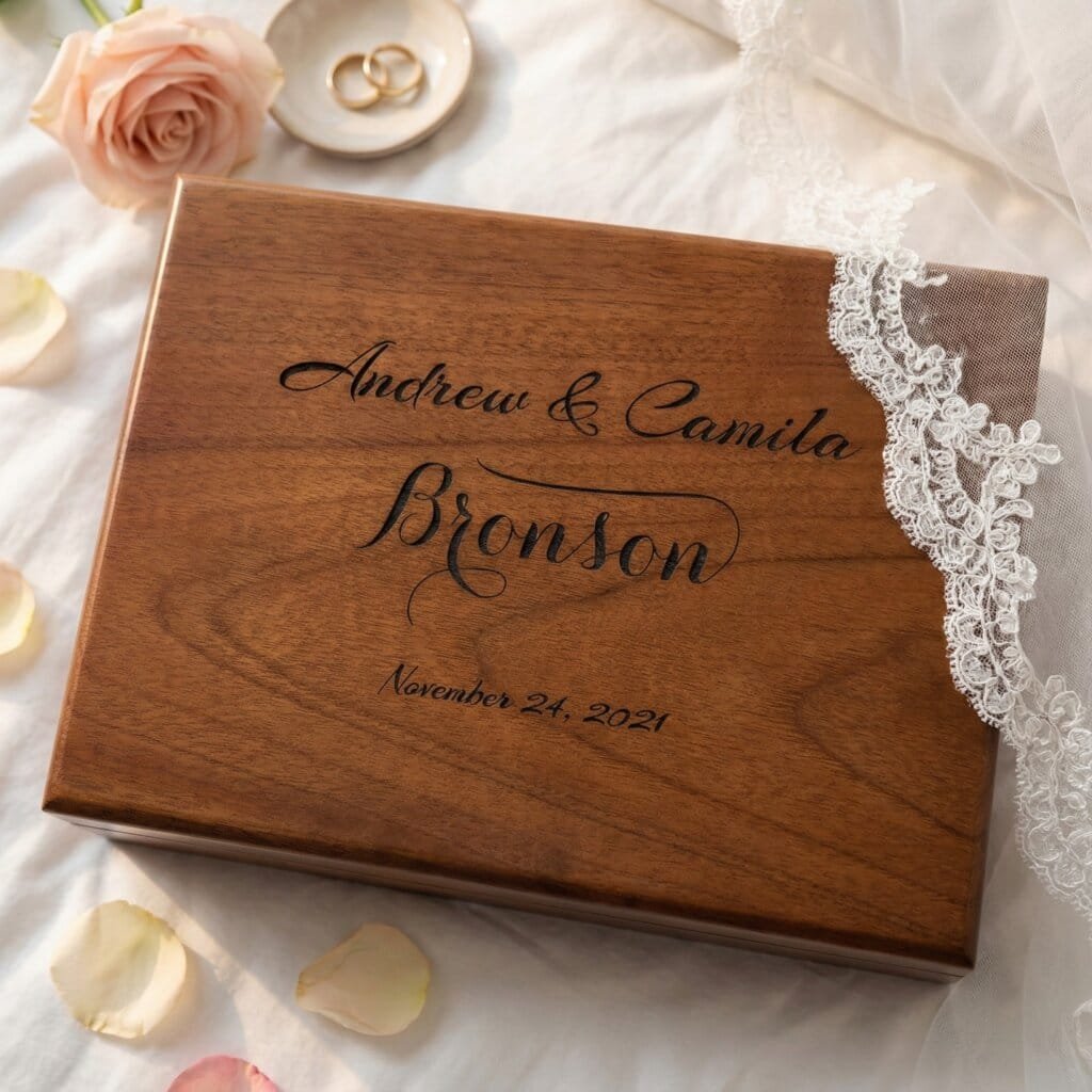 Wedding keepsake box personalized with couple names and wedding date