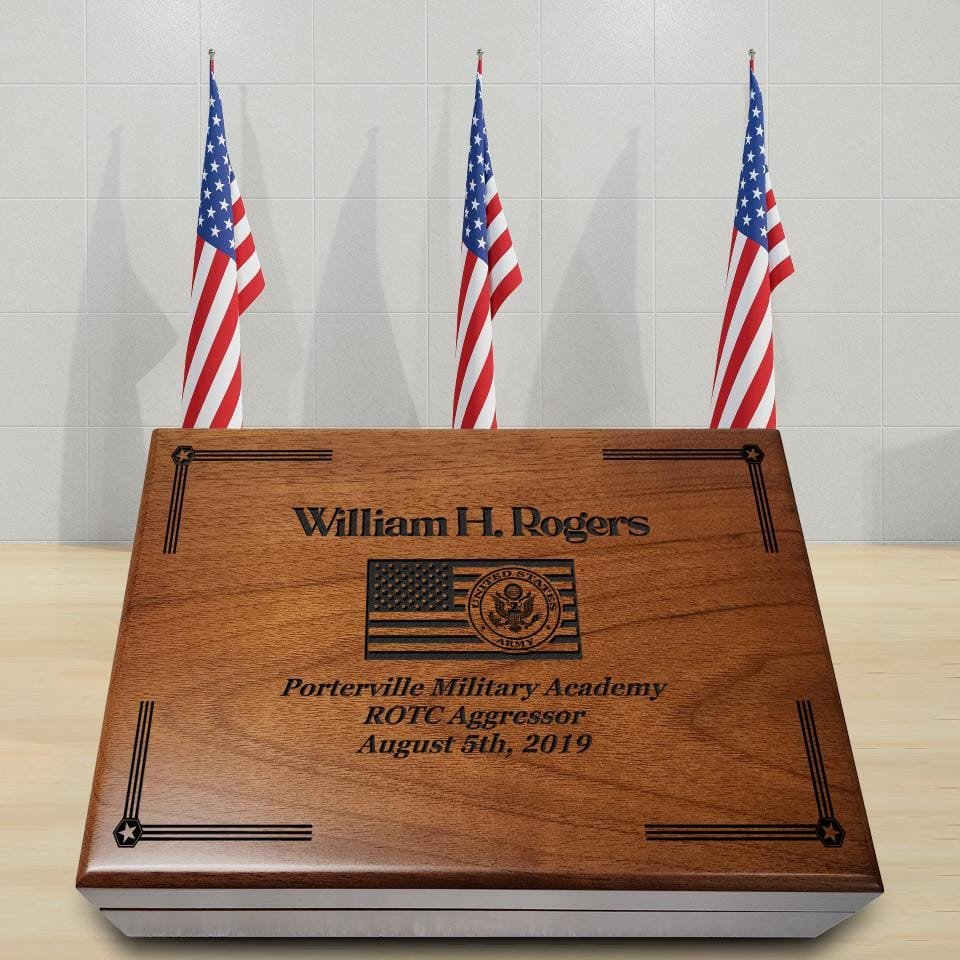 A personalized US Army keepsake box, featuring military insignia and space for cherished memories and mementos.