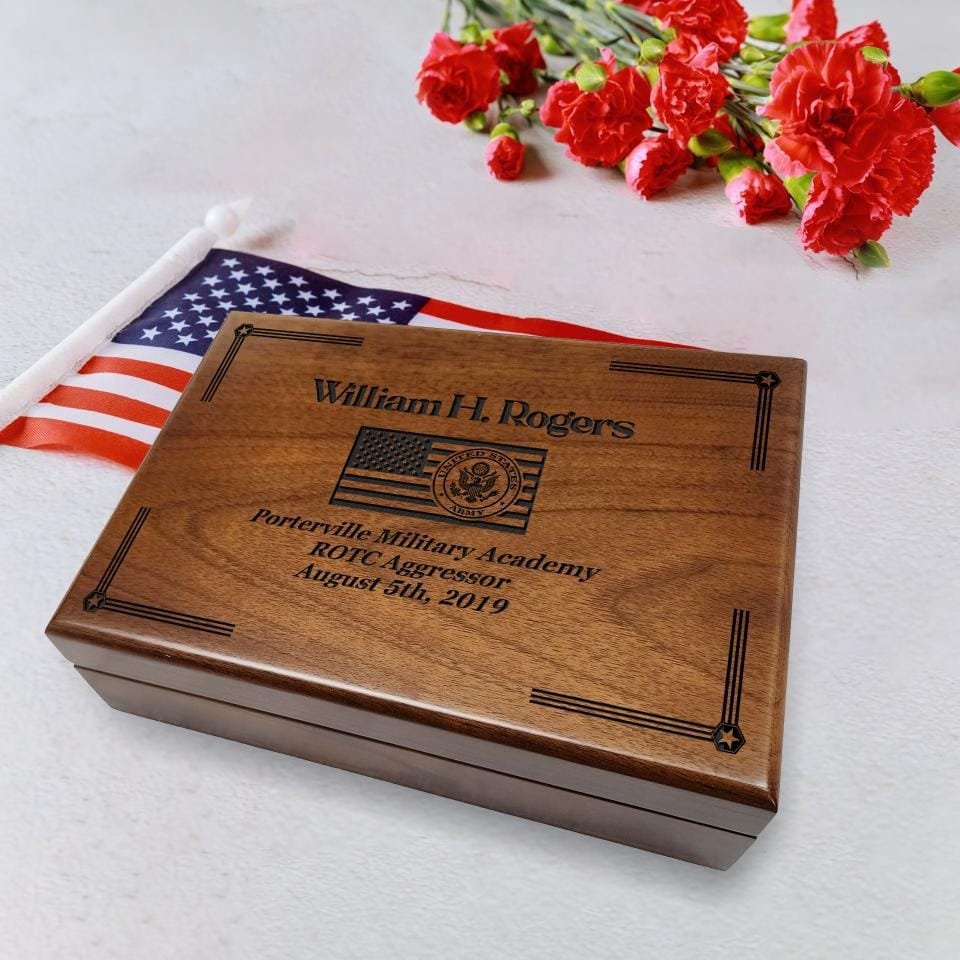 An elegant army retirement gift showcasing a custom plaque with military emblems, honoring years of dedicated service.