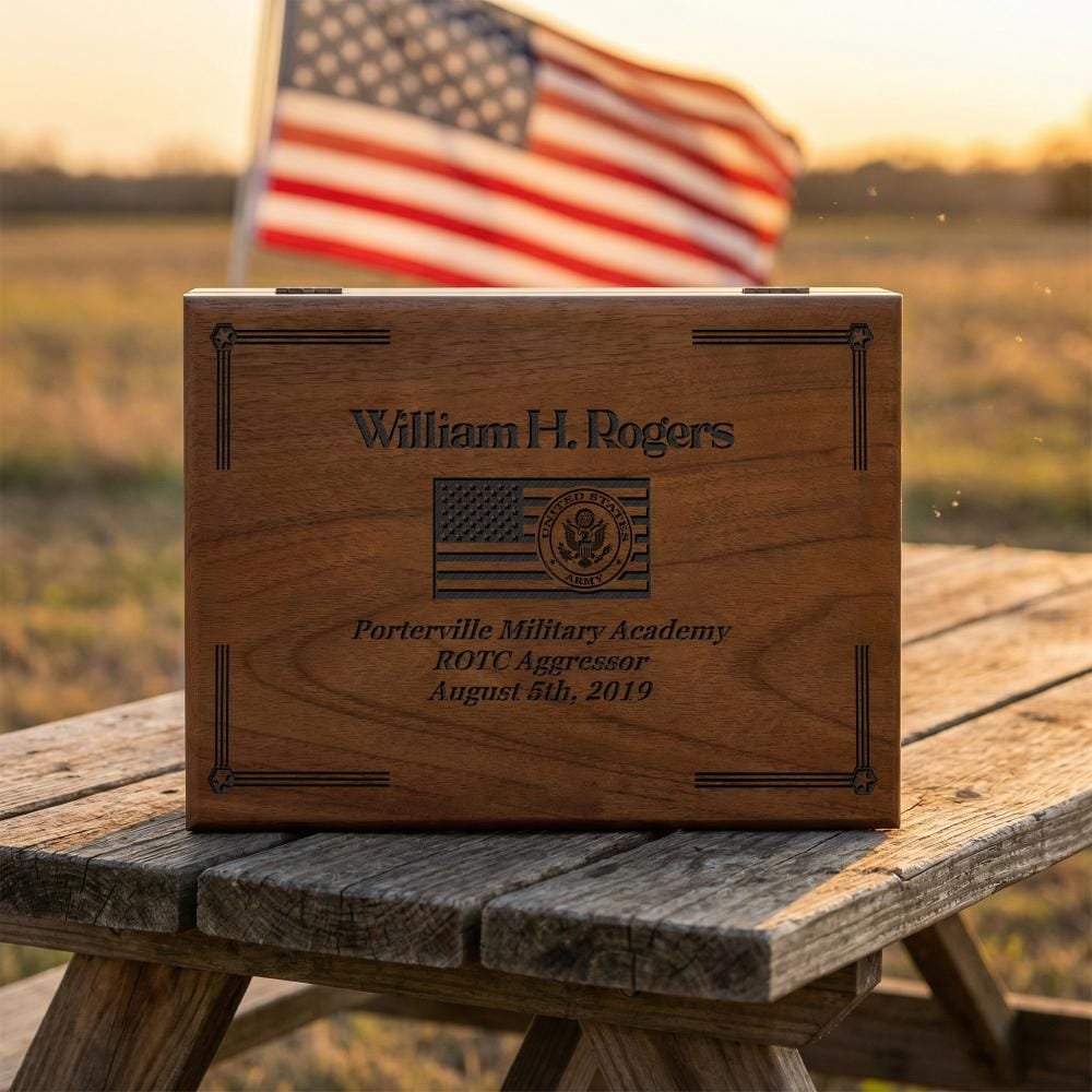 A custom keepsake box for US Army memorabilia, designed to hold treasured items and honor military service.
