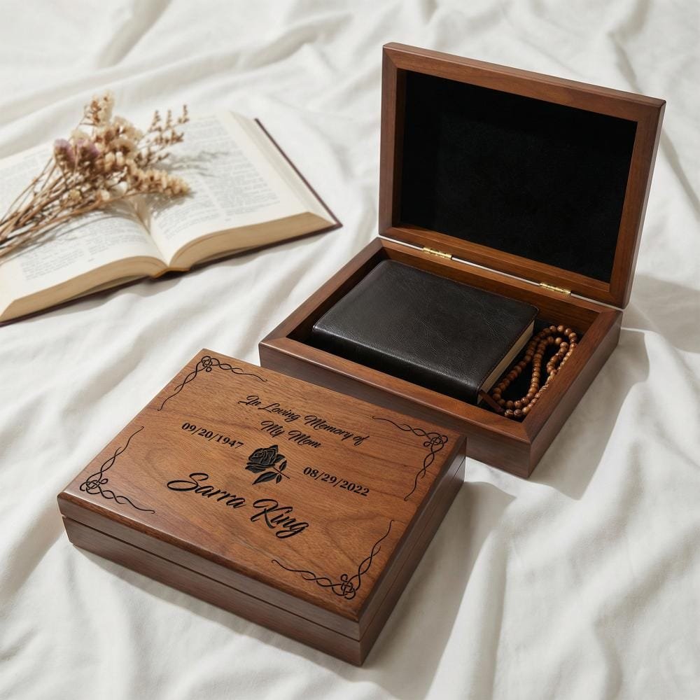 An elegant wooden capsule box marked "In Loving Memory," ideal for preserving special mementos in honor of departed loved ones.