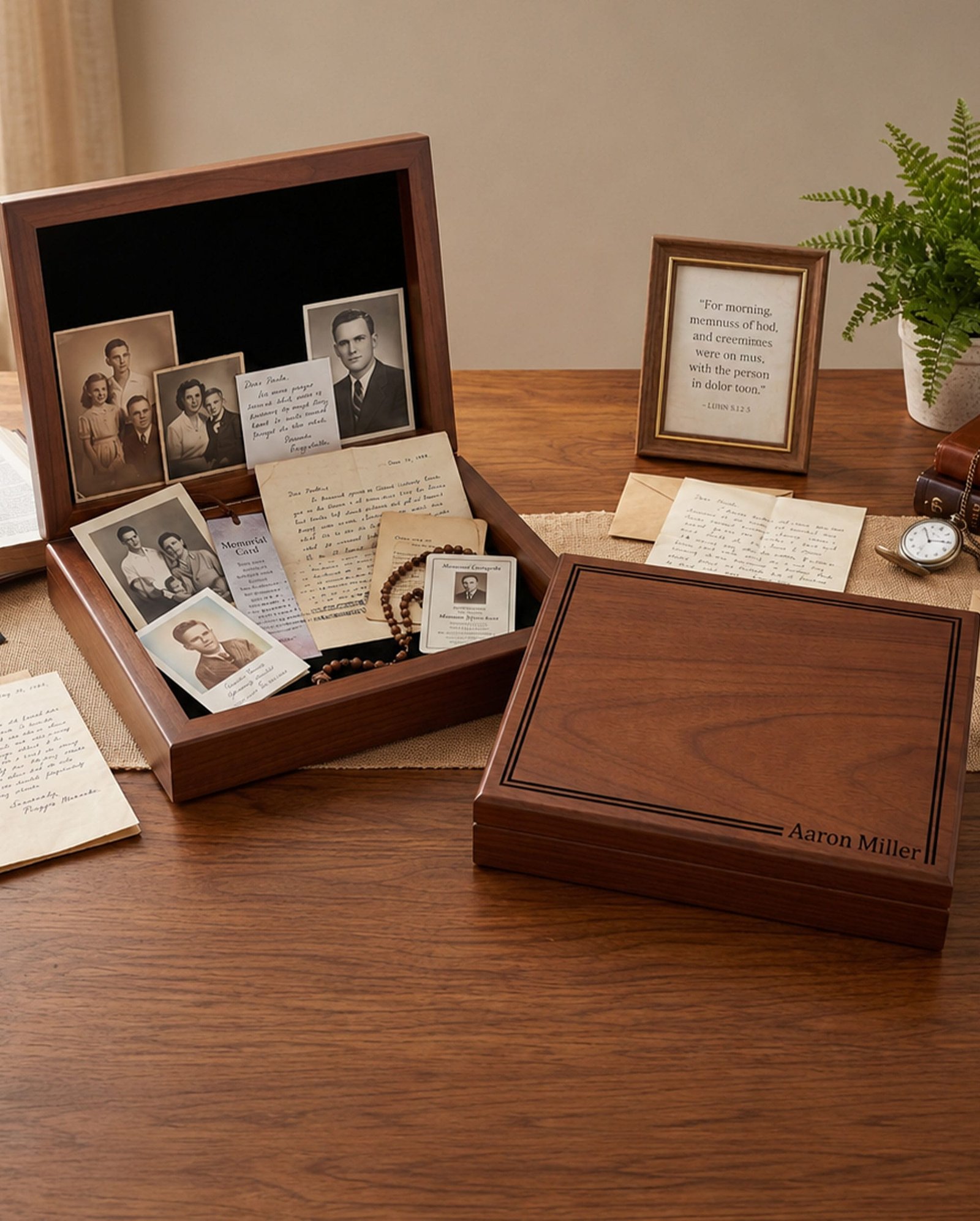 A personalized engraved gift box designed for men, featuring a sleek exterior and custom text on the lid.