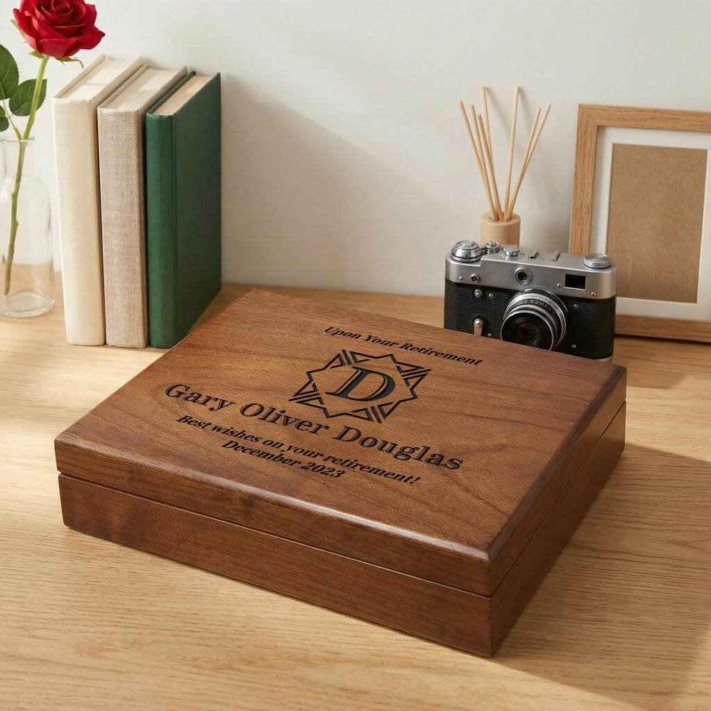 personalized retirement wooden box designed for him: reflecting his journey and celebrating the transition to a well-deserved retirement.