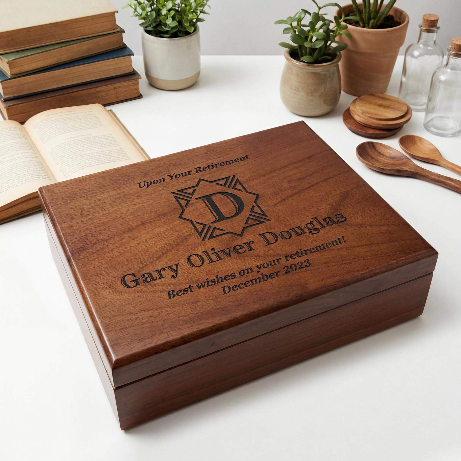 engraved memory gift for a retired man: engraved keepsake box with personal touches and sentimental elements celebrating his career.