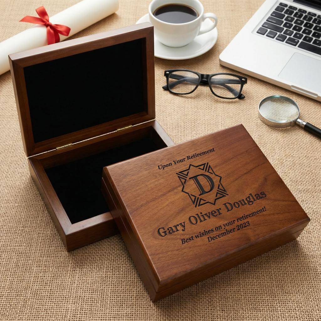 Engraved keepsake box designed as a retirement gift for men: perfect for storing cherished memories and mementos.