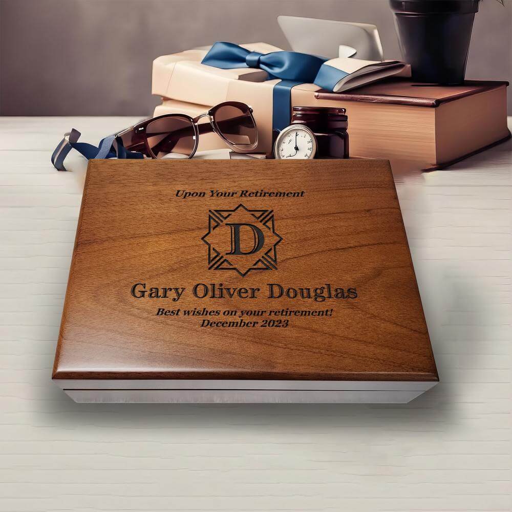 Retirement gift for men: an engraved keepsake box, beautifully crafted to hold treasured items and memories.